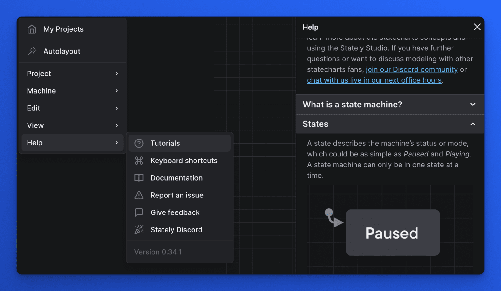 The editor menu with Tutorials selected, and the tutorials panel opened showing a tutorial for states.