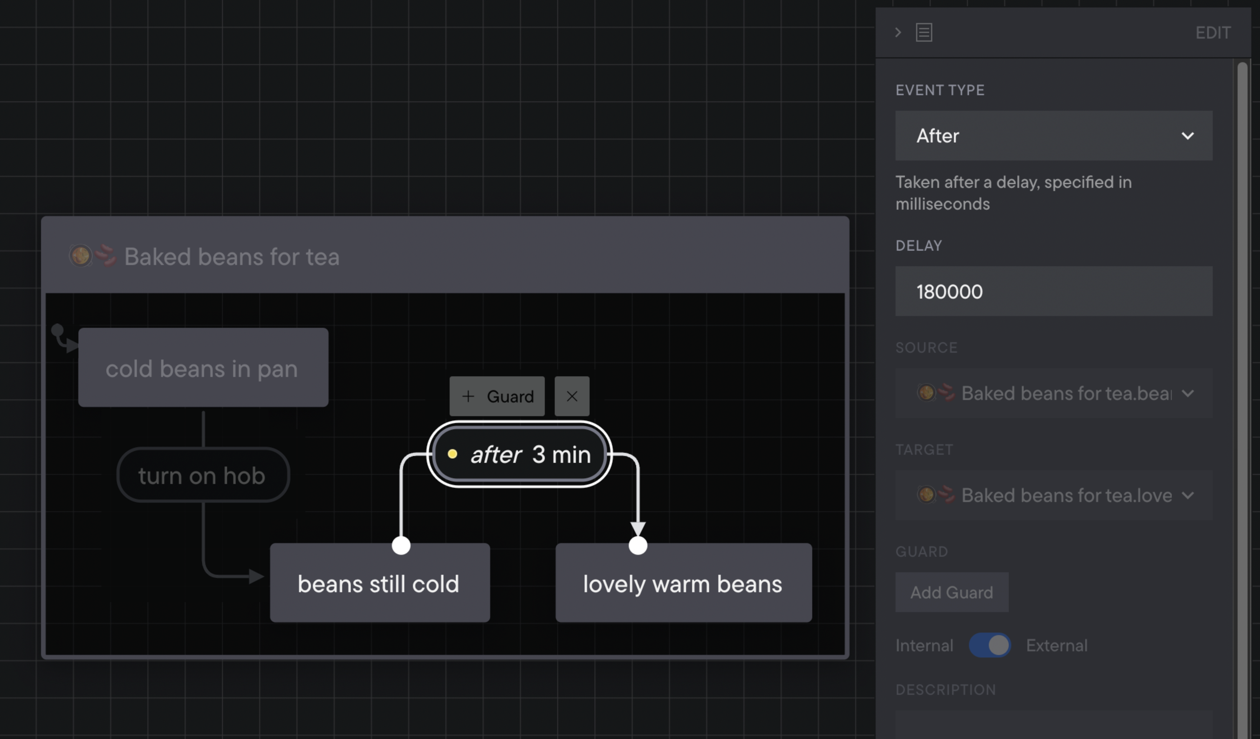 An after event in the studio showing “after 3 mins” as the event label and 180000 milliseconds in the delay field in the side panel.