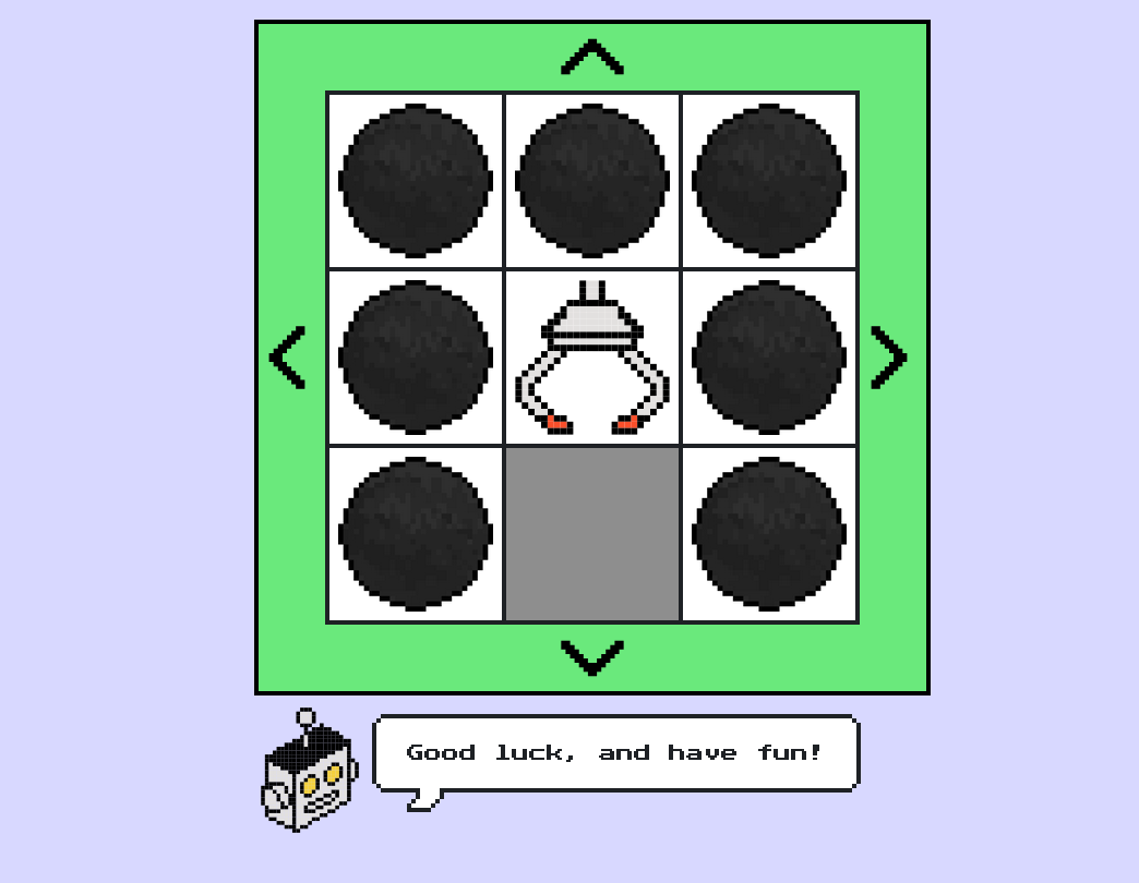 a web page with a 3x3 grid of squares filled with directional arrows around an arcade claw, below the grid is a smiling robot with a speech bubble say &quot;Good luck, and have fun!&quot;