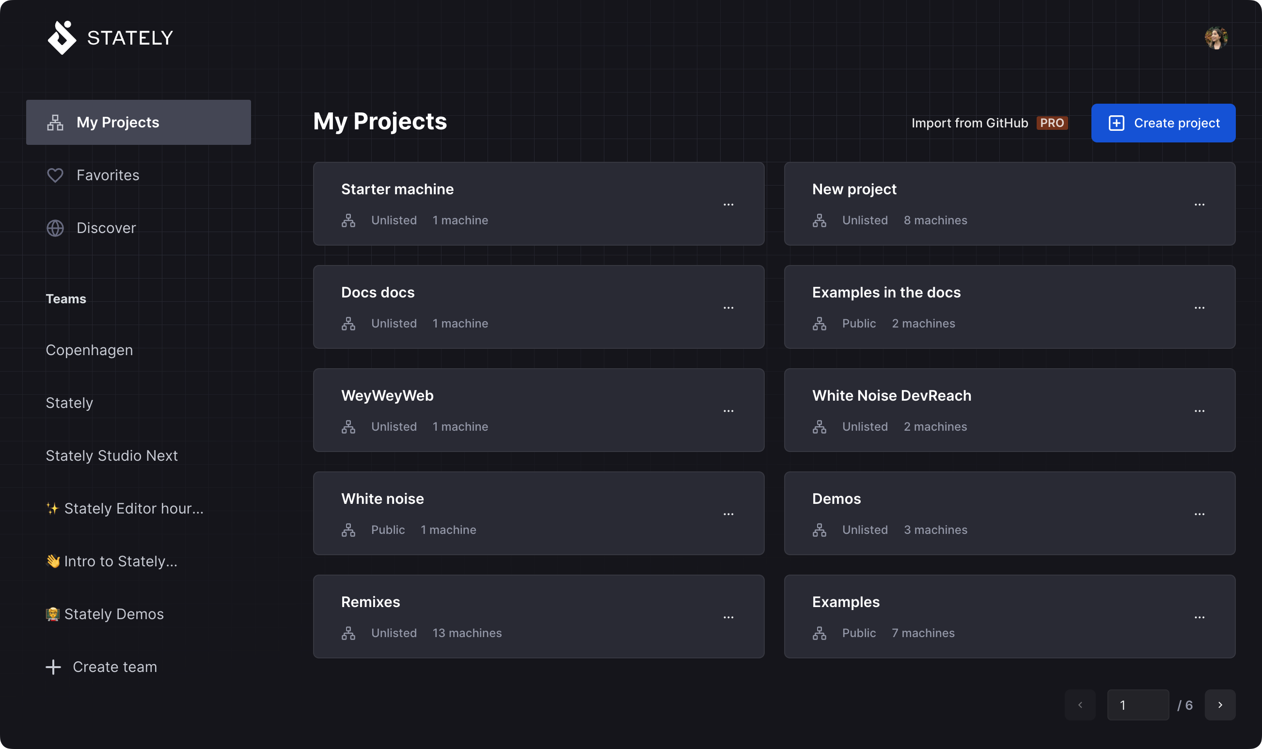 Stately Studio My Projects page showing three pages of projects along with each project’s name, number of machines, and whether the project is public, private, or unlisted.