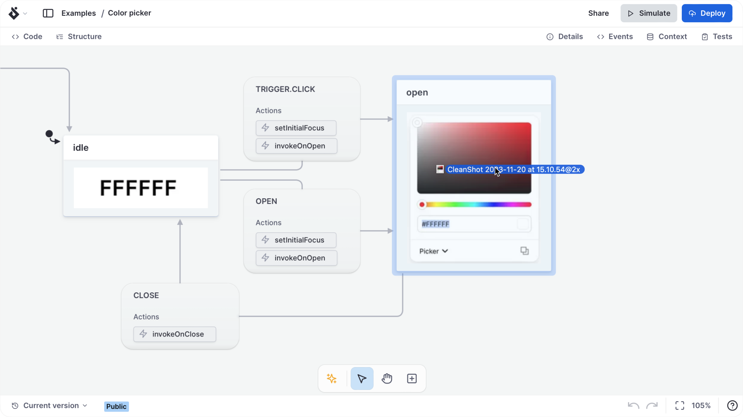 State machine for a color picker where an image of an expanded color picker is being dragged into the open state.