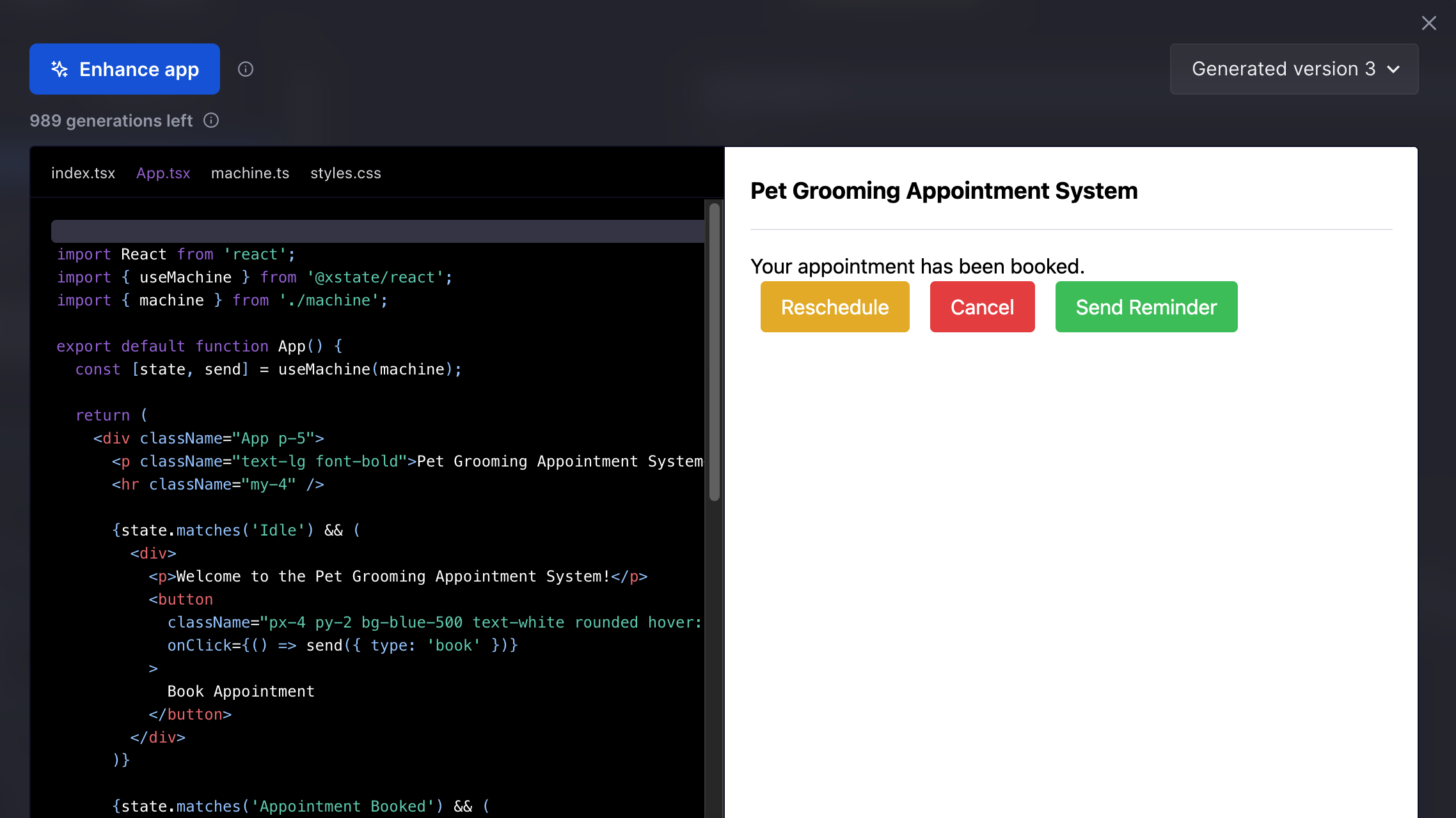 Enhancing an app in Stately’s editor, showing a pet grooming appointment app in the appointment booked state, with colored buttons generated for reschedule, cancel, and send reminder.