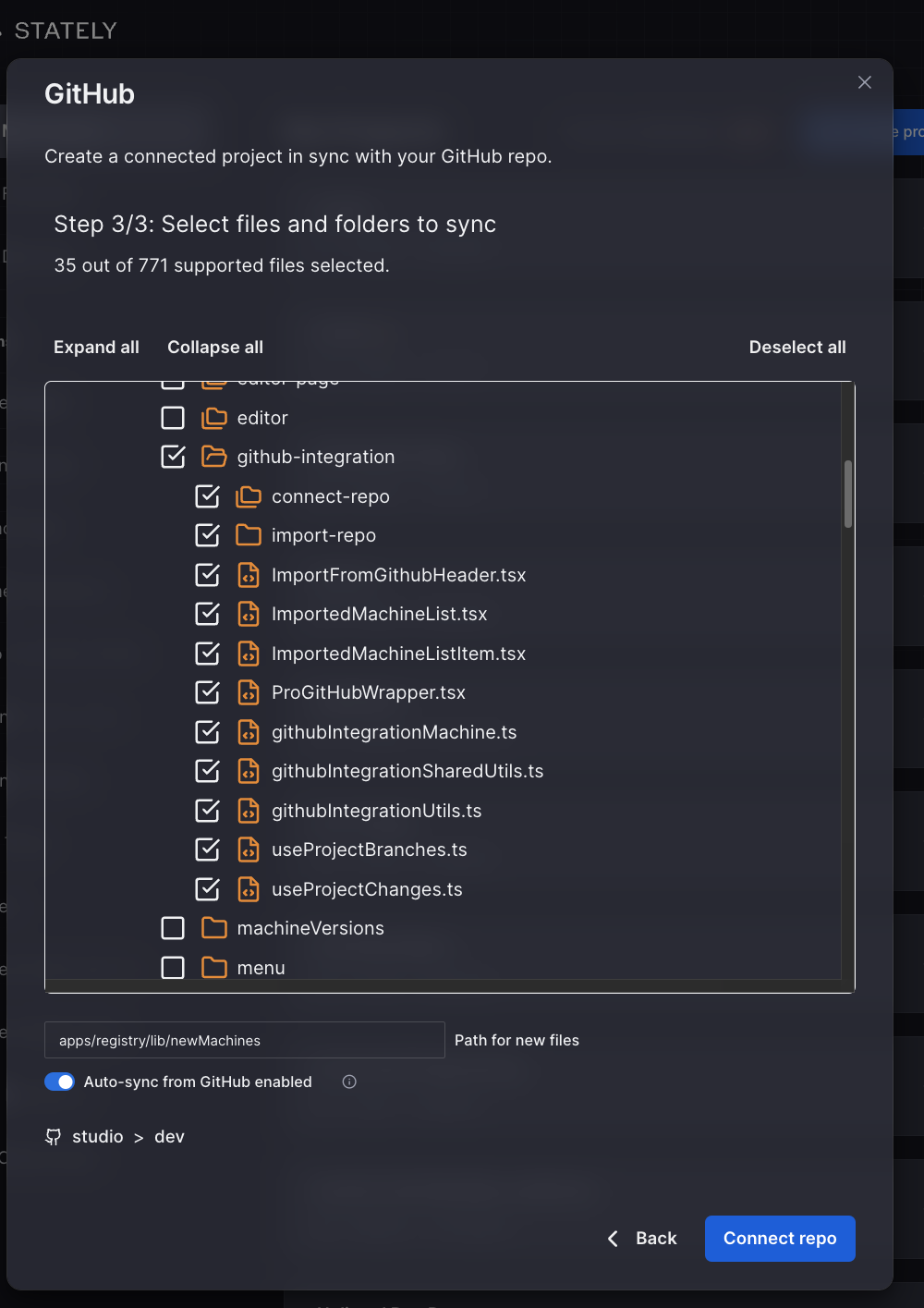 Importing allows users to choose a repository, a branch, and to select individual files or entire folders to sync with Stately Studio.