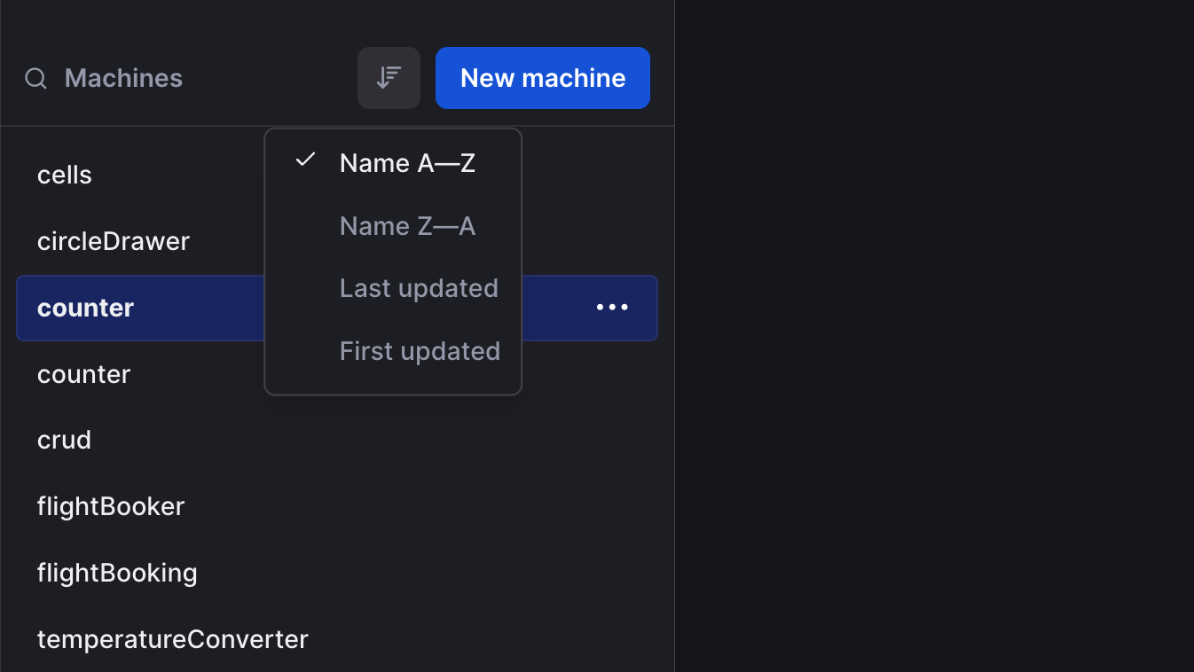 The machines list panel showing a list of machines ordered alphabetically, the sort button is pressed and a menu is showing the options for Name A-Z, Name Z-A, Last updated and first updated. The Name A-Z option is selected.