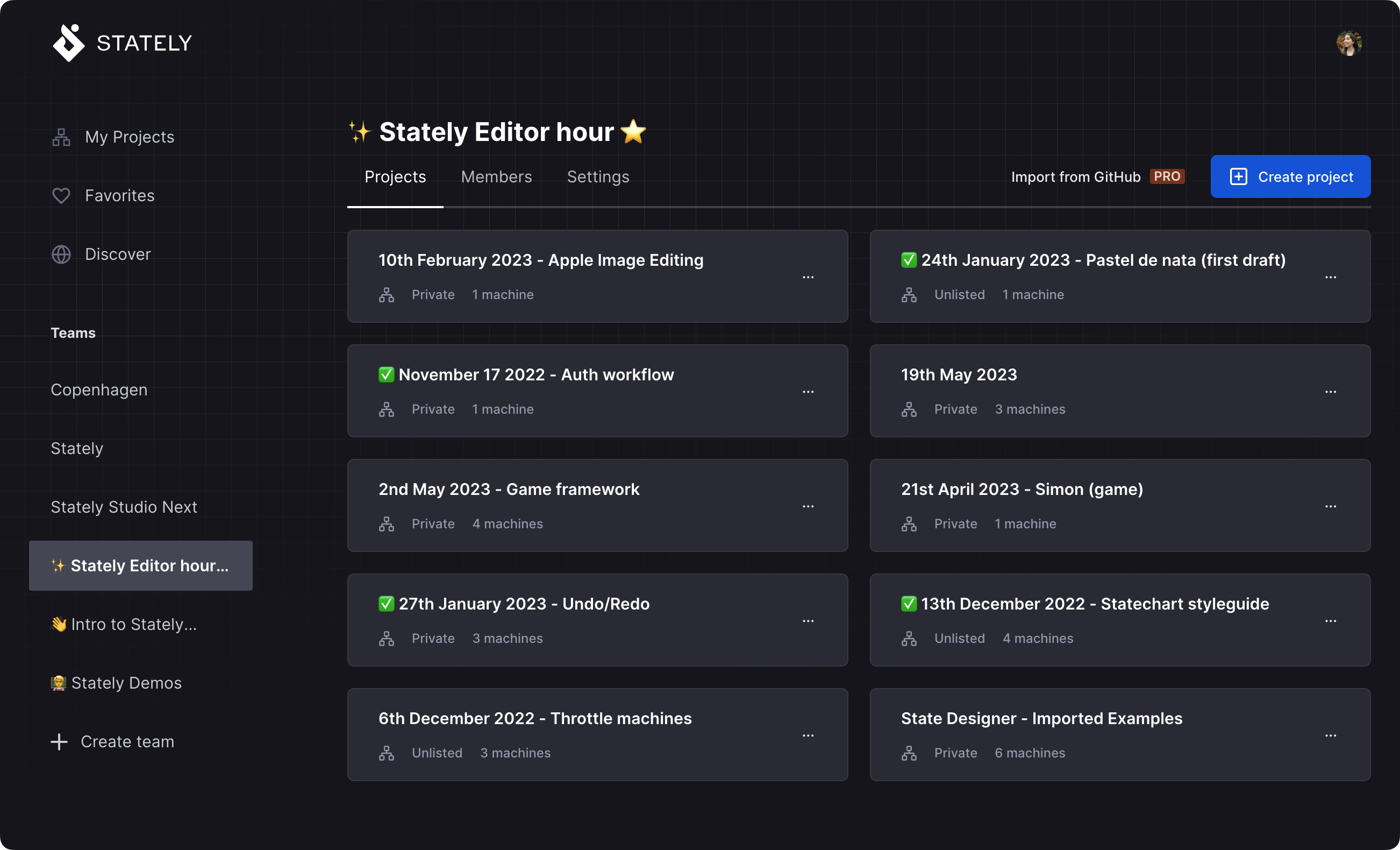 Stately Studio Projects page for the Stately Editor hour team team, showing a list of ten projects, seven with public machines, three with unlisted machines.